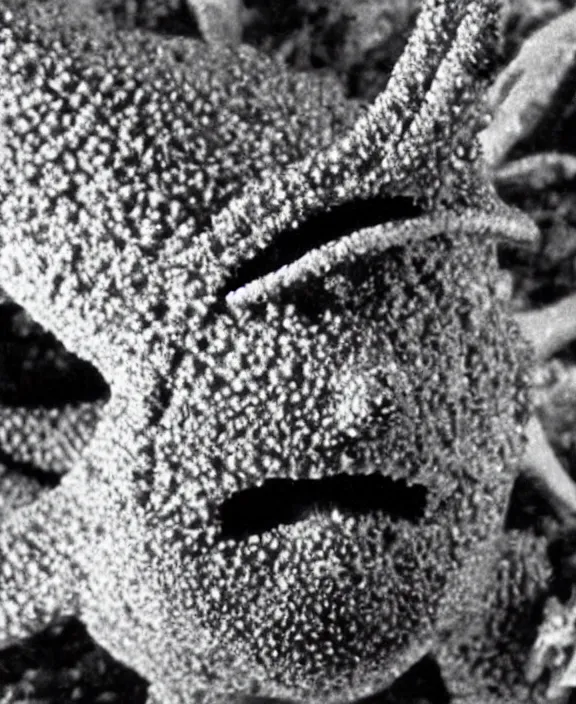 Image similar to a close-up view of Pulgasari the North Korean starfish monster, filmstill, produced by Kim Jong-il, Kodachrome, kaiju-eiga, monster movie, communist propaganda, film noir, 35mm film grain, Cooke Varotal 20-100mm T3.1, in the style of Ishirō Honda and Stanley Kubrick