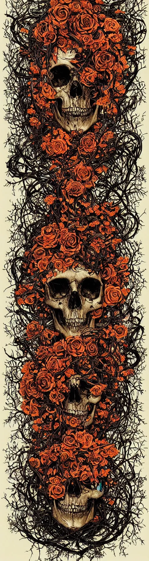 Prompt: human skull wrapped in vines + black paper + elements + red + gold + neon + baroque + rococo + white + orange + ink + tarot card with ornate border frame + marc simonetti, paul pope, peter mohrbacher, detailed, intricate ink illustration