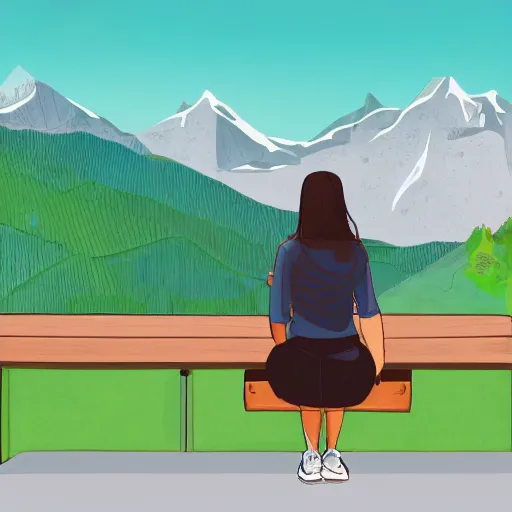 Prompt: illustration of a female software developer sitting outside in front of a modern campus building with beautiful mountains in the background, digital art, summer, alps, 4k, cartoon