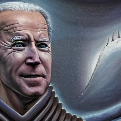 Image similar to joe biden as a sandworm from dune, artstation hall of fame gallery, editors choice, #1 digital painting of all time, most beautiful image ever created, emotionally evocative, greatest art ever made, lifetime achievement magnum opus masterpiece, the most amazing breathtaking image with the deepest message ever painted, a thing of beauty beyond imagination or words, 4k, highly detailed, cinematic lighting