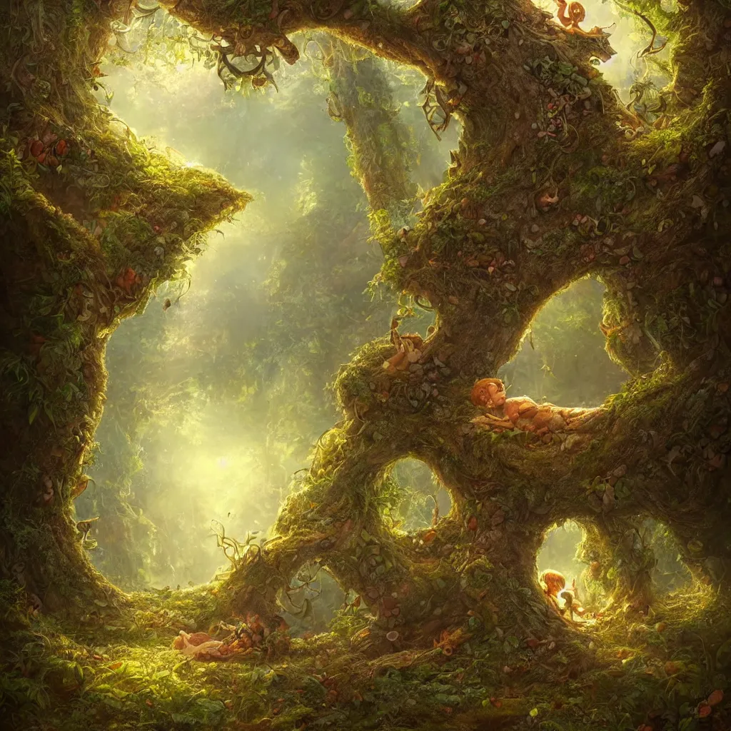 Prompt: illustration of tiny seeds floating around a fairytale tree in a forest glade by Justin Gerard, evening light, fantasy art, trending on artstation