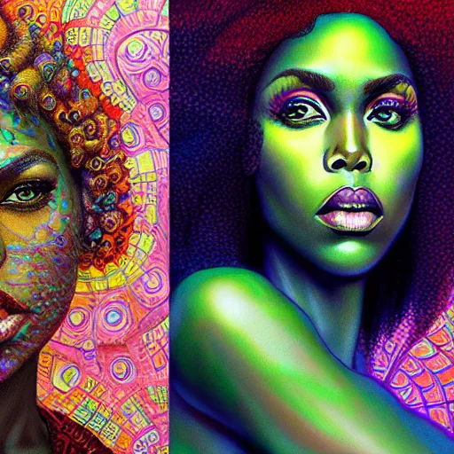 Image similar to portrait of dewanda wise, hyper detailed masterpiece, neon floral pattern, jean giraud, digital art painting, darkwave goth aesthetic, psychedelic, artgerm, donato giancola and tom bagshaw