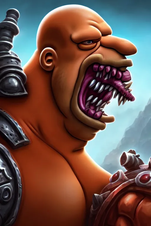 Image similar to a very detailed portrait of homer simpson mixed with garrosh hellscream from warcraft trending on artstation, digital art, 4 k, hyper realistic, splash art, sharp focus