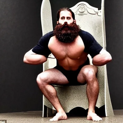 Prompt: bearded king squats over his throne and poops an enormous amount while onlookers praise him