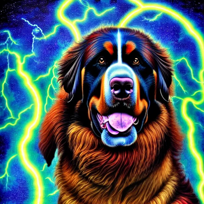 Image similar to a male human - bernese mountain dog hybrid as zeus, shooting lightning bolts from his paws, by alex grey, intricate details, artstation, furry, psychedelic, hd, beautiful