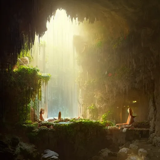 Prompt: cozy bathhouse hidden in a cave, candlelight, towels, cushions, natural light, lush plants and flowers, elegant, intricate, fantasy, atmospheric lighting, digital painting, Greg Rutkowski concept art