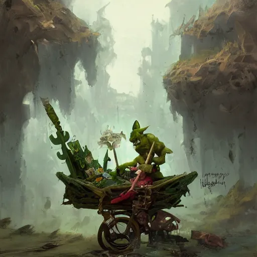 Prompt: chubby fantasy green goblin riding in a rickety wooden cart holding a lance, organic painting, sunny day, matte painting, bold shapes, hard edges, street art, trending on artstation, by huang guangjian, gil elvgren, ruan jia, greg rutkowski, gaston bussiere