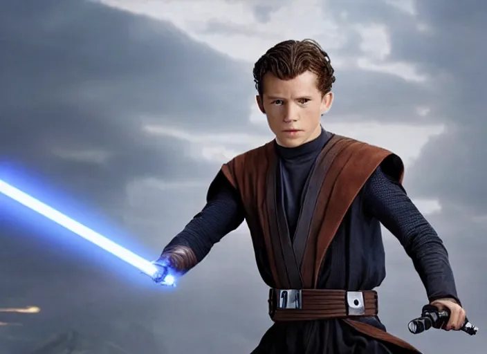 Prompt: tom holland plays anakin skywalker in the live action remake of star wars revenge of the sith, 3 5 mm photography, highly detailed, cinematic lighting, standing pose, holding lightsaber 4 k