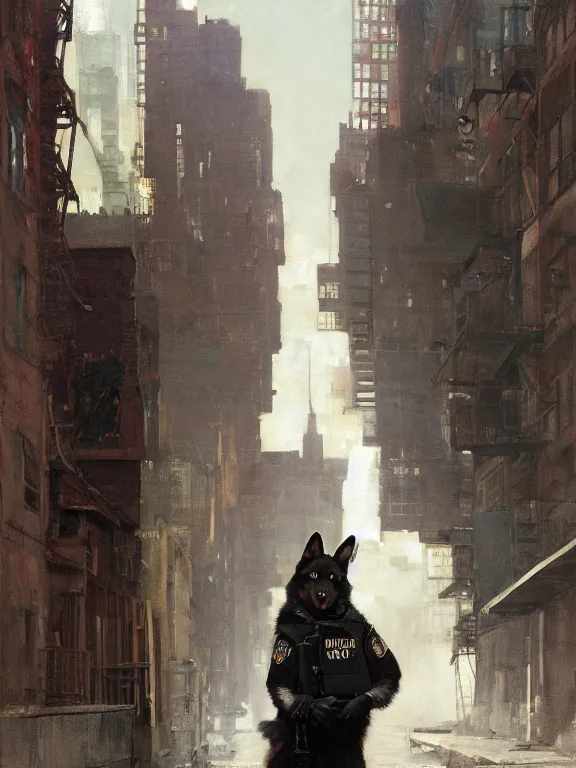 Image similar to new york city portrait of furry anthro anthropomorphic german shepard head animal person fursona wearing clothes nypd traditional police uniform in the alley, sunny day, digital art by Nerdrum John, William Waterhouse, Winslow Homer, Alex Heywood, Jordan Grimmer, Darren Quach, Greg Rutkowski, Simon Stalenhag, trending on Artstation, CGSociety