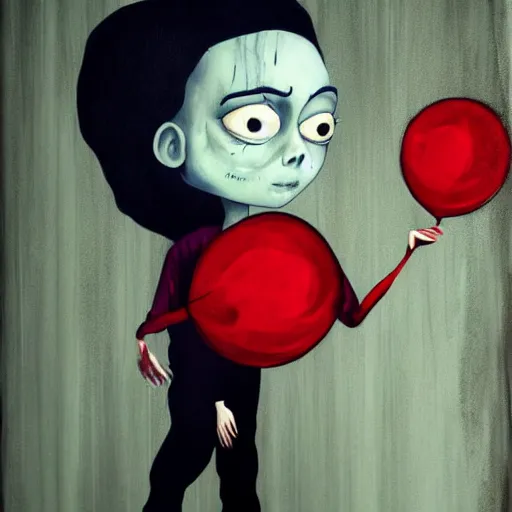 Image similar to grunge painting of a billie eilish with a wide smile and a red balloon by tim burton, loony toons style, pennywise style, corpse bride style, rick and morty style, creepy lighting, horror theme, detailed, elegant, intricate, conceptual