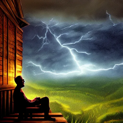 Prompt: an old man sits on his porch, smoking a pipe and staring out at the night sky, a storm rolls through the valley below, lightning flashes off in the distance, digital art, illustration, 3 d graphics, picture, fantasy art, landscape, atmospheric, digital art, rendering