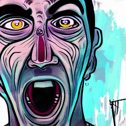 Prompt: upset delusional trippy person illustrated in the style of a GTA V poster, detailed, closeup