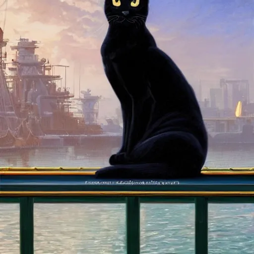 Image similar to beautiful black cat sitting on the deck of a fantasy ship, naval background, portrait, elegant, intricate, digital painting, artstation, concept art, smooth, sharp focus, illustration, art by artgerm and greg rutkowski and alphonse mucha