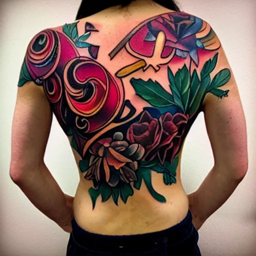 Image similar to a tattoo of a magic fork across a female back, rich beautiful colors