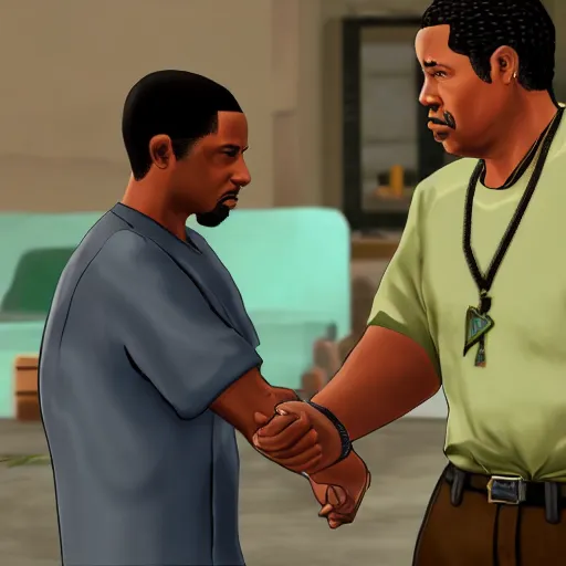 Prompt: cj from gta san andreas talking to the president alberto fernandez