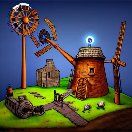 Image similar to discworld theme, linux, windmill, broken pipe, 3 d art, digital illustration, perfect lighting