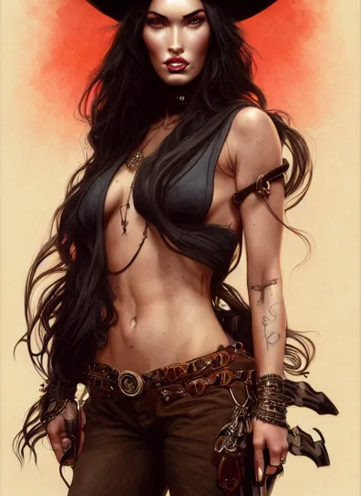 Prompt: symmetry!! portrait of megan fox as a cowgirl, horror, fashion, dark!! intricate, elegant, highly detailed, digital painting, artstation, concept art, smooth, sharp focus, illustration, art by artgerm and greg rutkowski and alphonse mucha