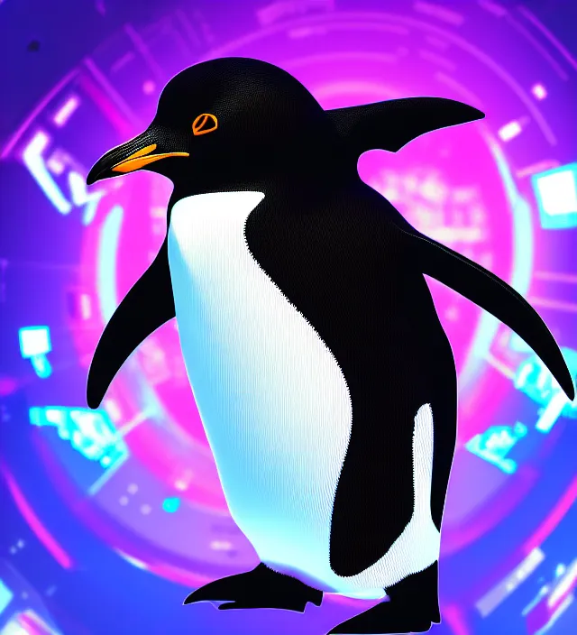 Image similar to studio beautiful cyberpunk esports penguin logo for a penguin!!!!!! studio level special effects and particles, intricate!!!!! professional, global illumination, clean, perfectly shaded, hyperdetailed, epic