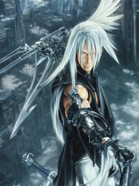 Image similar to anime key visual of sephiroth from final fantasy!! intricate, futuristic city, stunning, highly detailed, digital painting, artstation, smooth, hard focus, illustration, art by artgerm and greg rutkowski and alphonse mucha