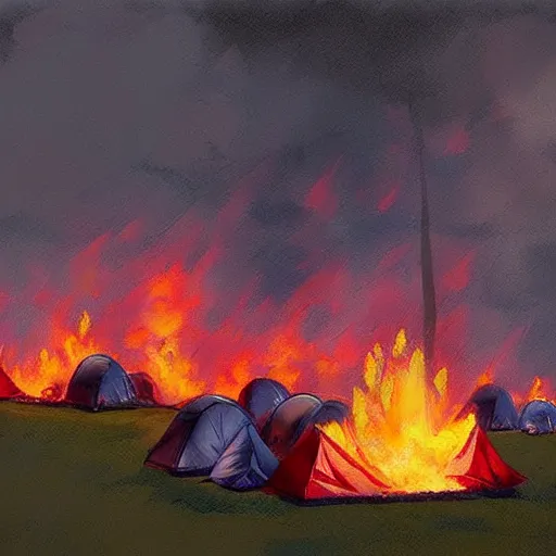 Image similar to a camp with tents on fire, burning down, shadows of girls watching the camp burn, painted by Sylvain Sarrailh