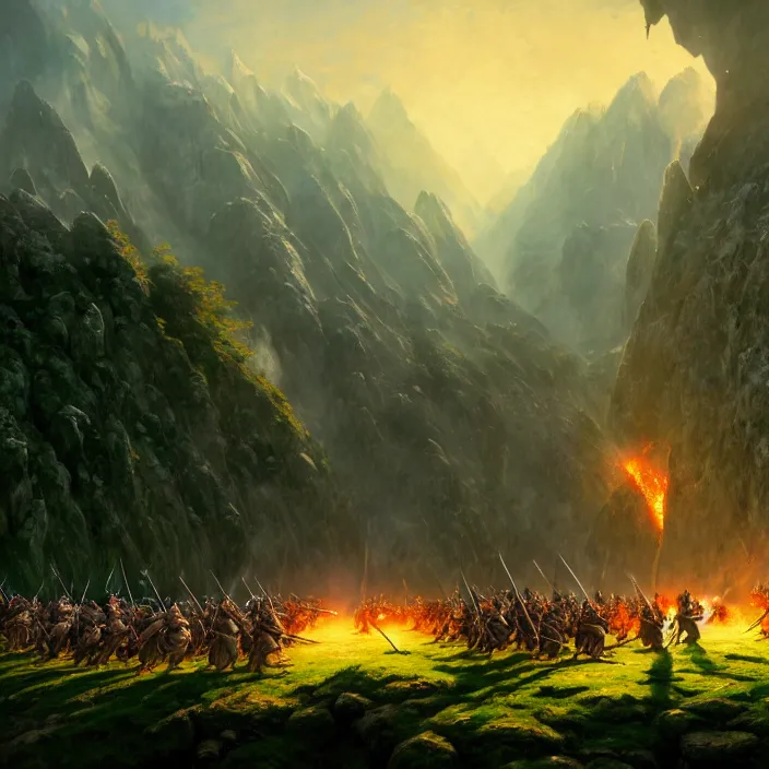 Prompt: Authentic illustrations of The grand war scene in Lord of the Rings, the army of dwarves and elves together against the army of orcs,Magnificent super wide angle,high quality, 8k,high resolution, city landscape, side scrolling, 4K, Retrofuturism,by makoto shinkai,Anton Fadeev, thomas kinkade,greg rutkowski