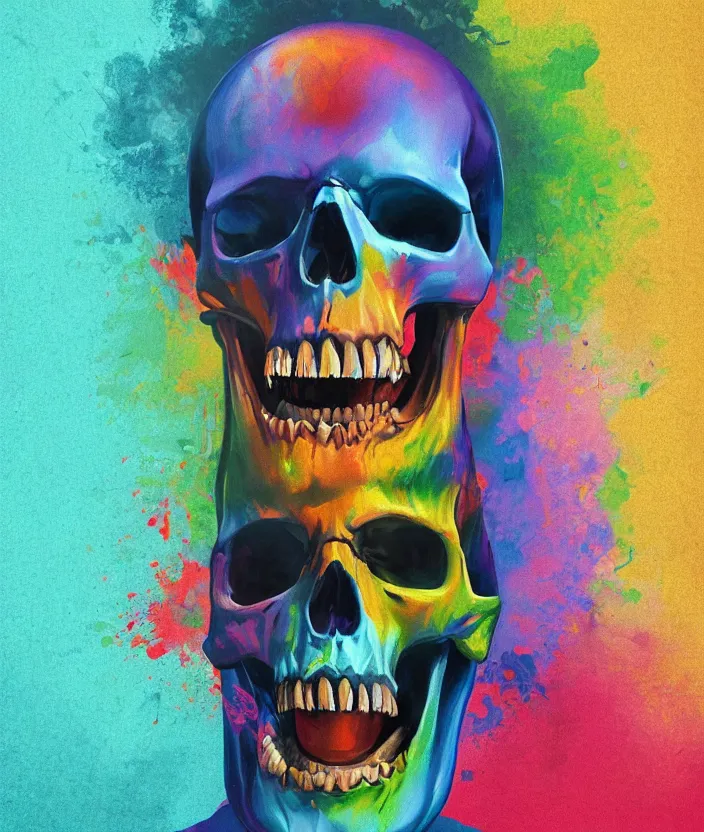 Image similar to a colorful portrait painting of a screaming man with a skull as his head, in the style of stephen gibb, digital art, 4 k,