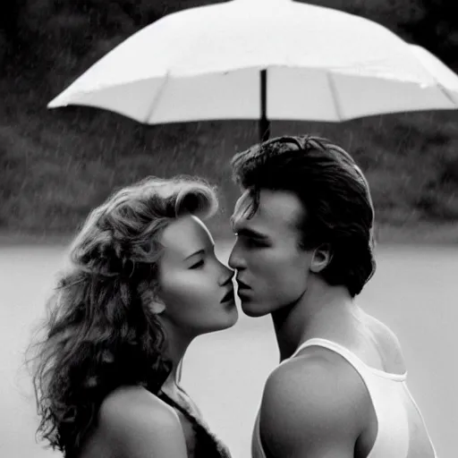 Image similar to portrait shot of young arnold schwarzenegger holding close dirty dancing in the rain with jennifer lawrence beautiful white wet dress, 5 0 mm kodak, beautiful light, best lense, 9 0 s romantic comedy, 4 k