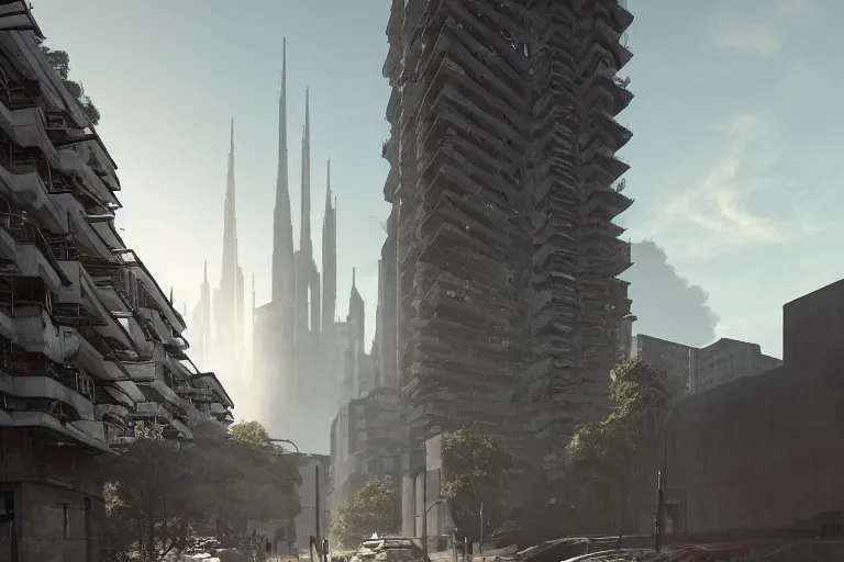 Image similar to streetscape, a towering cathedral of brutalist architecture, buildings covered with greebles, stunning volumetric light, sunset, metal, concrete and translucent material, stunning skies, majestic landscape, trending on Artstation, 8k, photorealistic, hyper detailed, unreal engine 5, IMAX quality, cinematic, epic lighting, in the style of Greg Rutkowski