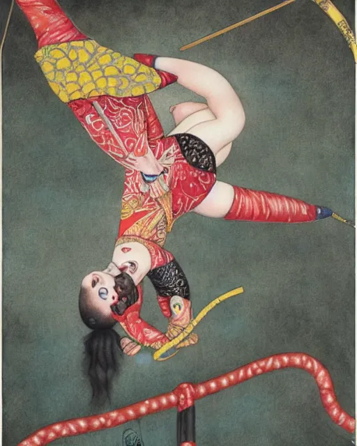 Image similar to Ai Tominaga as a circus acrobat, painting by Chie Yoshii