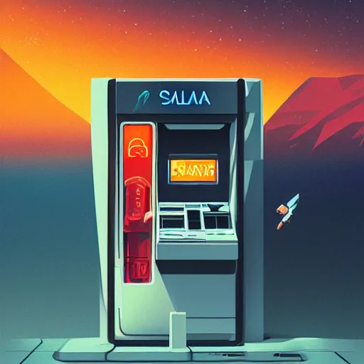 Prompt: withdrawing Solana cryptocurrency from an atm, futuristic illustration, by James Gilleard and Bruce Pennington, highly detailed,