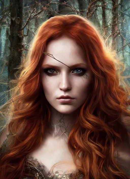 Image similar to a beautiful woman archer, 8 k, hyperrealistic, hyperdetailed, uhd, beautiful face, long ginger hair, dark fantasy, dark forest, fantasy portrait by laura sava