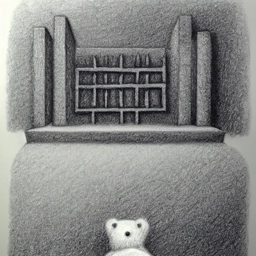 Prompt: charcoal drawing of a small bear in front of a hedge maze, the bear is white, illustrated by chris van allsburg, illustration, masterful, volumetric light, subdued, greyscale