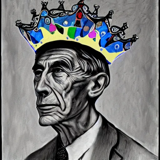 Image similar to Claude shannon father of cybernetics and artificial intelligence wearing a crown, highly detailed, award winning art, featured on art station