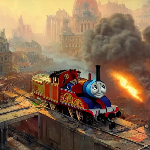 Image similar to thomas the tank engine destroying a city, 8 k, highly detailed, digital painting, unreal engine tech demo, vivid colors, artstation, art by artgerm and greg rutkowski and alphonse mucha