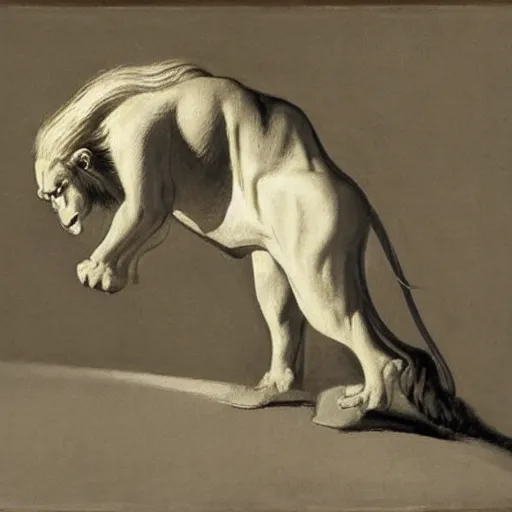Image similar to a creature with the body and eyes of a man, with the beak of an eagle, the mane of a lion, and the horn of a bull. drawn by edward hopper