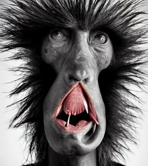 Prompt: Award winning Pathécolor full-body Editorial up-angled photograph of early-medieval Scandinavian Folk ostrich Baring its teeth with incredible hair and fierce hyper-detailed eyes and a ridiculously large forked tongue poking out by Lee Jeffries and David Bailey, 85mm ND 3, perfect lighting, a heart-shaped birthmark on the forehead, dramatic highlights, wearing traditional garb, With huge sharp jagged Tusks and sharp white horns,