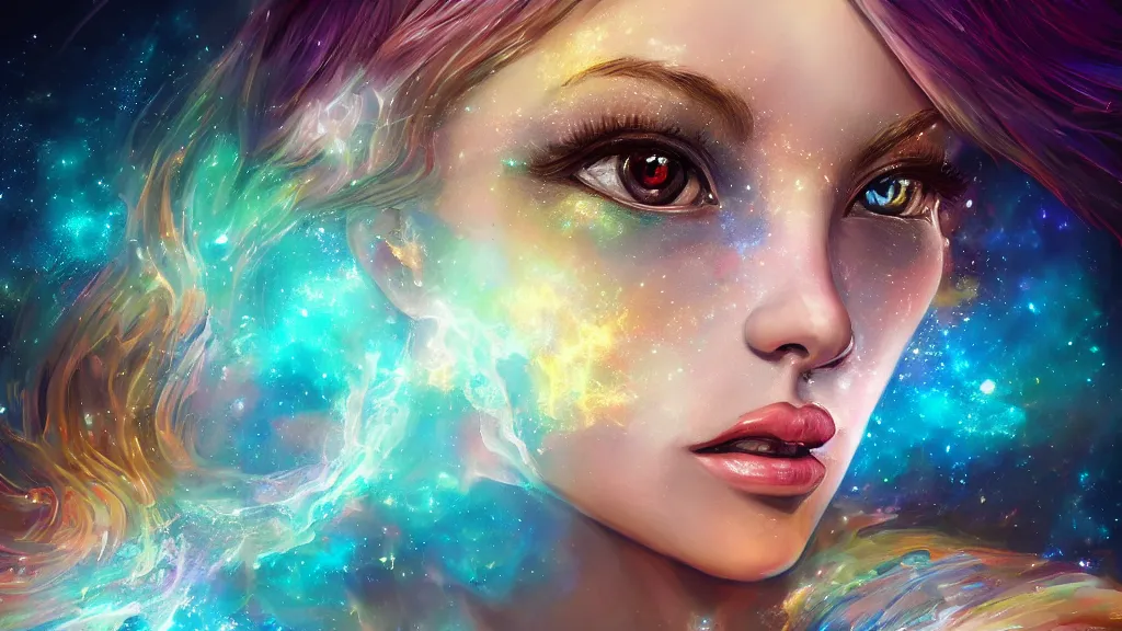 Image similar to highly detailed close up portrait of a celestial girl with a body made of cosmic energy, character art, studio lightning, bright colors, intricate, masterpiece, photorealistic, hiperrealistic, sharp focus, high contrast, Artstation HQ, DeviantArt trending, 4k UHD, Unreal Engine 5