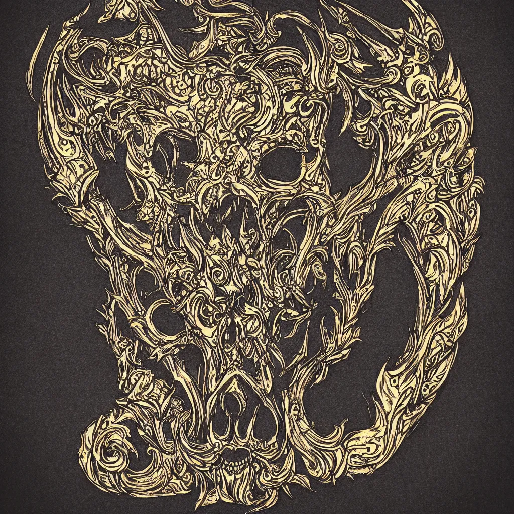 Image similar to photo of wolf skull on bones, dramatic lighting, circural, golden ornaments, symmetric, intricate skeletal decorations, symmetry, highly detailed, concept art, black, glimpse of red, white, gold layers, centered, style of nekroxiii, hyperrealistic, black background, smoke