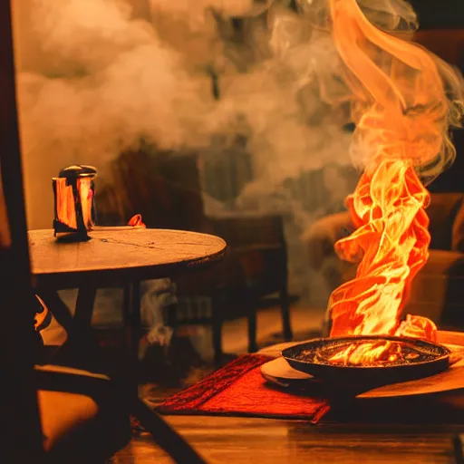 Image similar to a photograph of a room on fire, an human-like relaxed dog sitting at a table, ☕ on the table, surrounded by flames, a lot of flames behind the dog, smoke under the ceiling