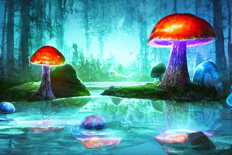 Image similar to giant glowing mushrooms next to a small bridge, flowing water, digital art, glowing crystal monolith in background, blue lighting, acrylic,