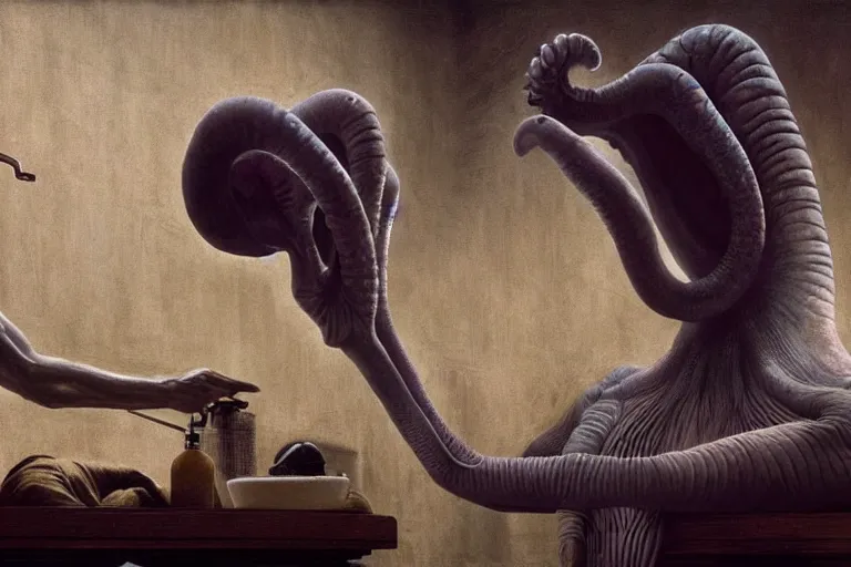 Image similar to hyperrealism aesthetic ridley scott and caravaggio and denis villeneuve style photography of a detailed giant squidward, siting on a detailed ultra huge toilet and scrolling his smartphone in surreal scene from detailed art house movie in style of alejandro jodorowsky and wes anderson