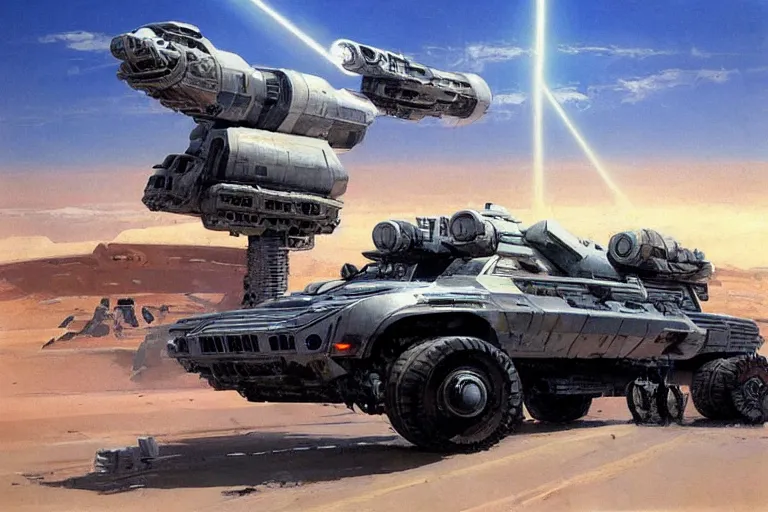 Prompt: a futuristic troop transport with a huge laser cannon on top driving across a vast desert, painting by john berkey