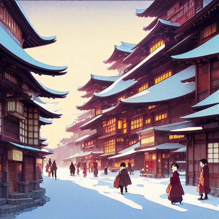 Image similar to japanese city, winter, in the style of studio ghibli, j. c. leyendecker, greg rutkowski, artem