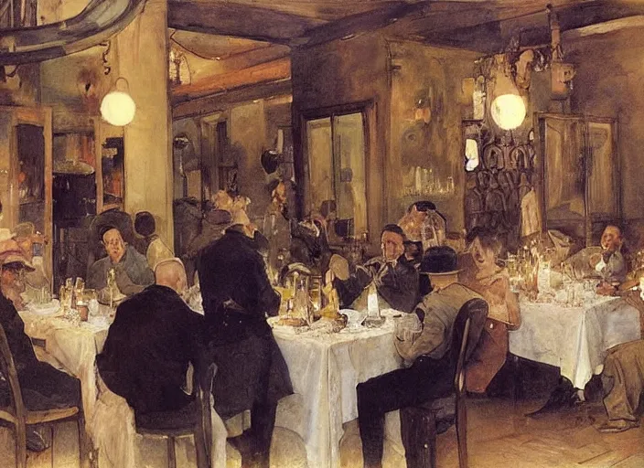 Image similar to men having dinner, singing, roaring twenties, cellar, masterpiece, torches on wall, meat, wine, schnapps, smoking cigars, scantily clad blondes, oil painting by anders zorn and carl larsson, art nouveau
