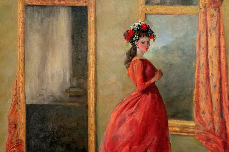 Prompt: oil painting, long view, hight detailed, portrait of woman with flowers in her head in front of red curtain, in style of neodada