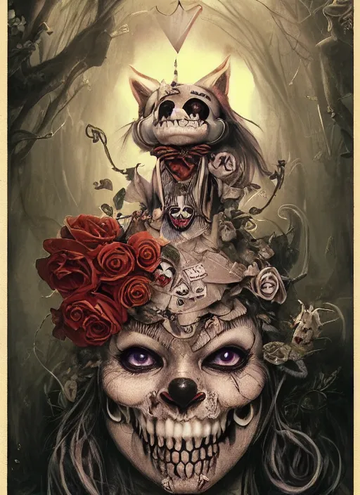 Image similar to Queen of Hearts, Cheshire Cat, Alice in Wonderland, Death Tarot card,highly detailed,half skull face,cinematic,8k,by Stanley Artgermm,Tom Bagshaw,Greg Rutkowski,Carne Griffiths, Ayami Kojima, Beksinski, Giger,trending on DeviantArt,hyper detailed,horror, full of colour