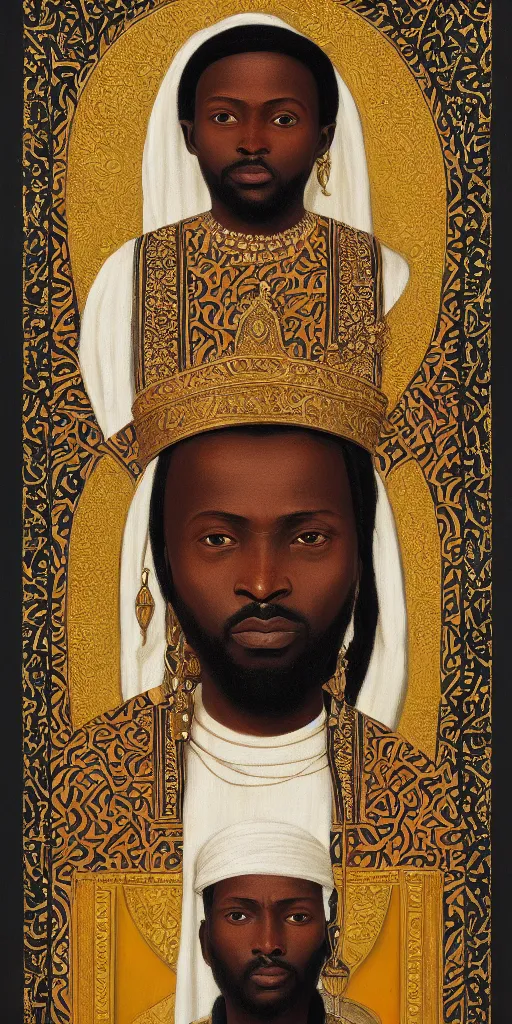 Image similar to a stunning and noble highly detailed romantic period style portrait of mansa musa by charles sillem lidderdale, trending on artstation, oil painting masterpiece, symmetry, mysterious, very very very aesthetic, african iconography