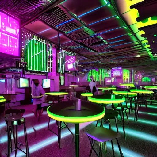Prompt: the nightcafe ai art cyber cafe, neon futuristic ambiance, the sound of keyboards typing can be heard, a light buzz from the monitors being on, hyper realistic concept art 8 k resolution