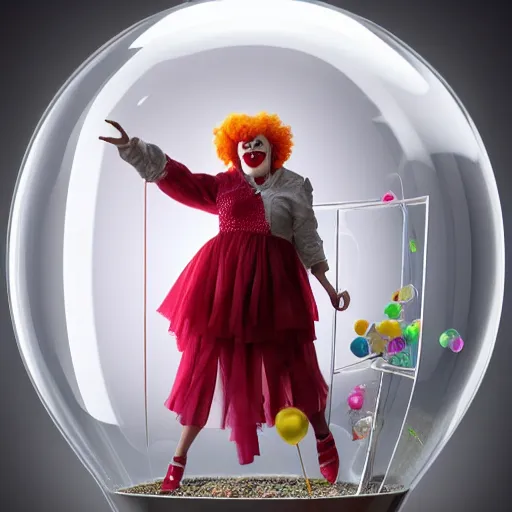 Image similar to female clown: giant smile: and chrome balloons:: in a terrarium:: hyper-realistic, extremely detailed, sharp photo, no blur, octane render, 8K