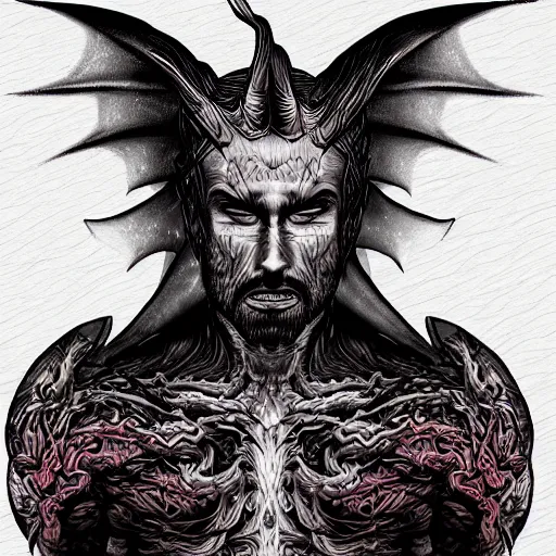 Image similar to man with the soul of a dragon, digital art, dragon coming out of his chest